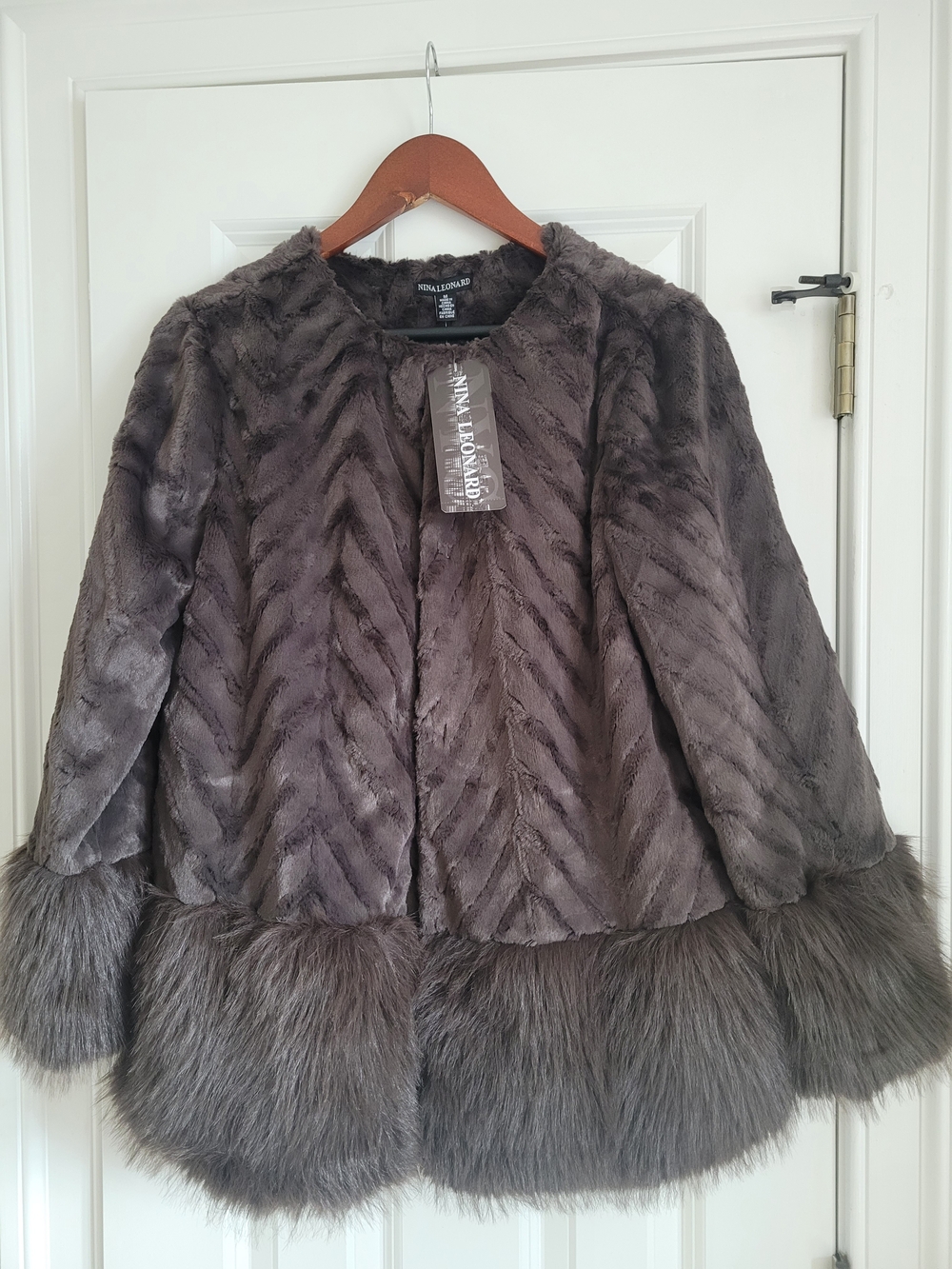 Nina Leonard Charcoal Gray Faux Fur Teddy Jacket with Flounced Hem